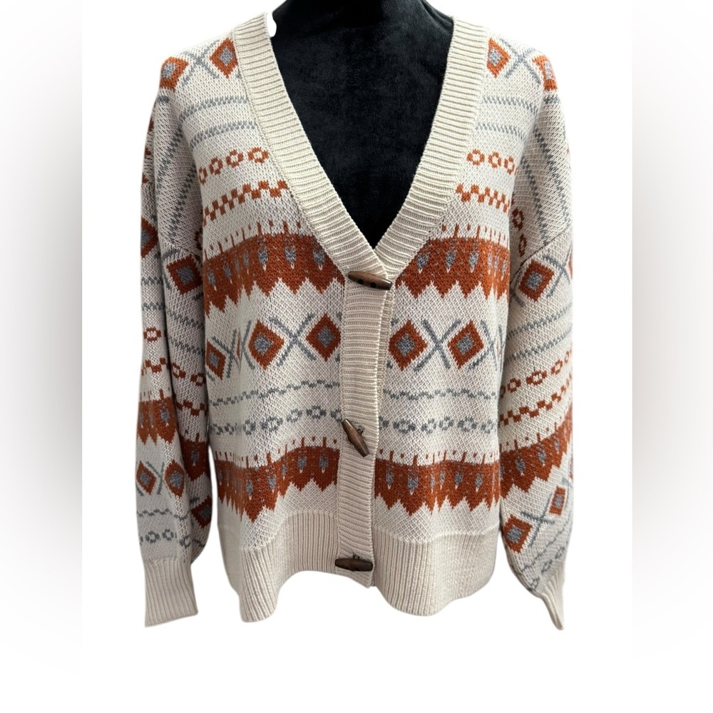 Pink Lily Cream and Brown Patterned Cardigan Size Small​